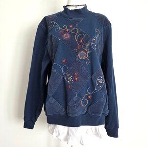 Vtg 90s Navy Embroidered Patchwork Sweatshirt Large Boho Artsy Cottagecore Multi